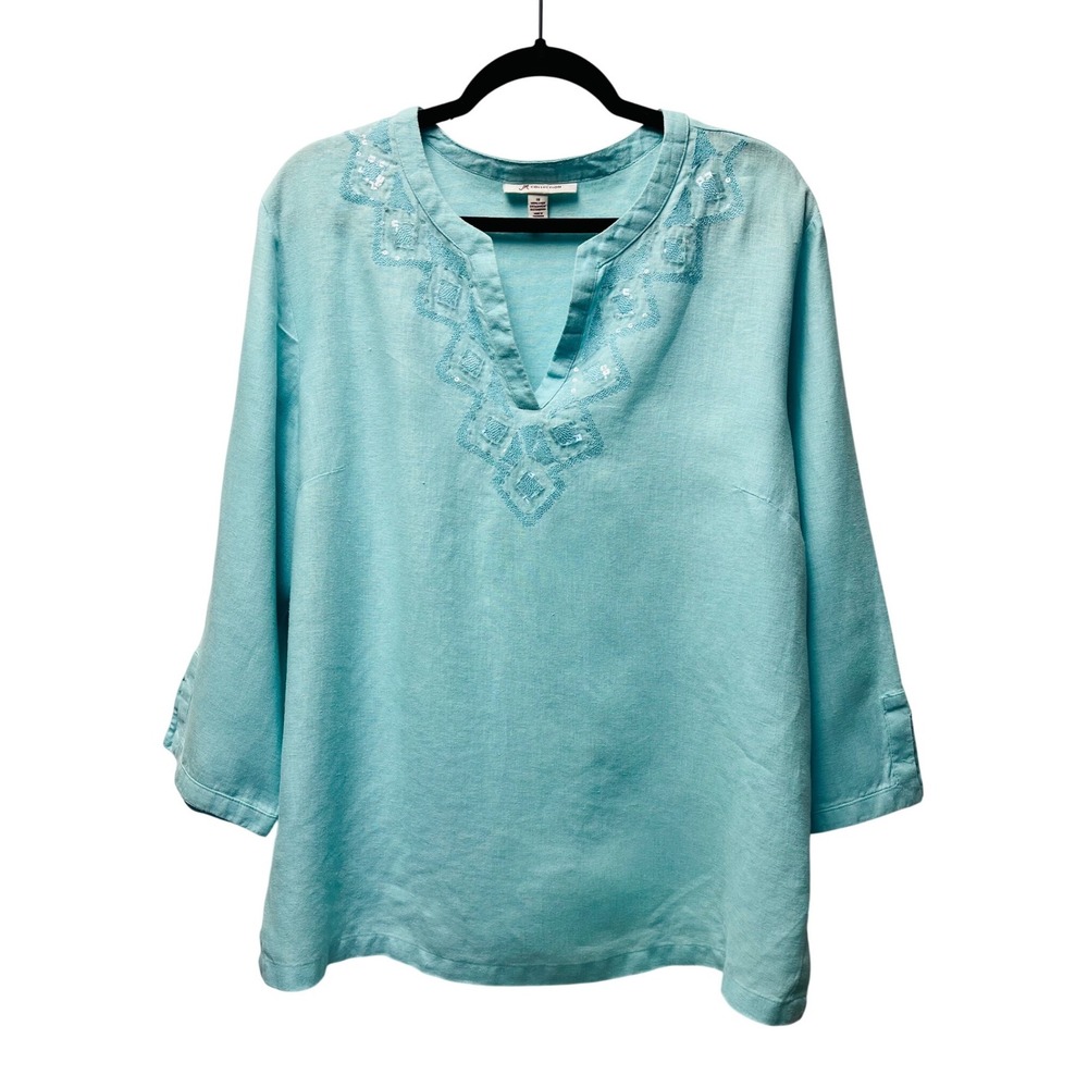 JM Collection 18 Aqua Linen Tunic Top Embellished Resort Lagenlook Breathable